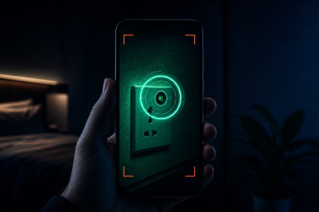Detectra lens detection scanning a hidden camera in a wall outlet