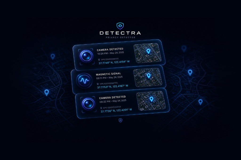 Detectra detection history with GPS location and map preview