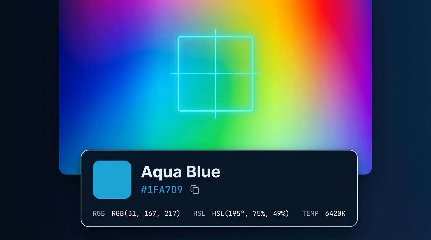 Color sampler with reticle on rainbow palette, HEX, RGB, HSL and color temperature readouts