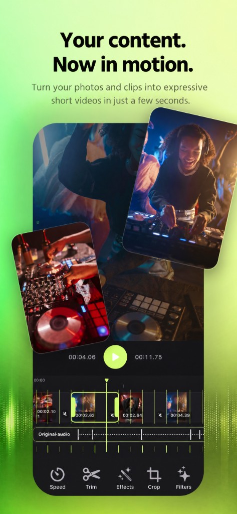 MOTION timeline editor with trim handles, original audio, and clip tools